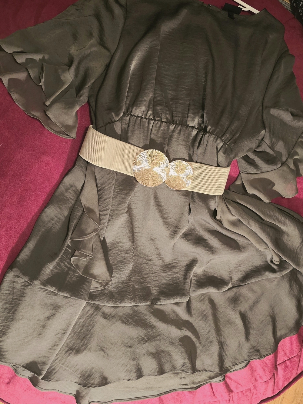 Who What Wear Sassy Olive Satin Midi Dress with Cold Shoulder Flutter Sleeves